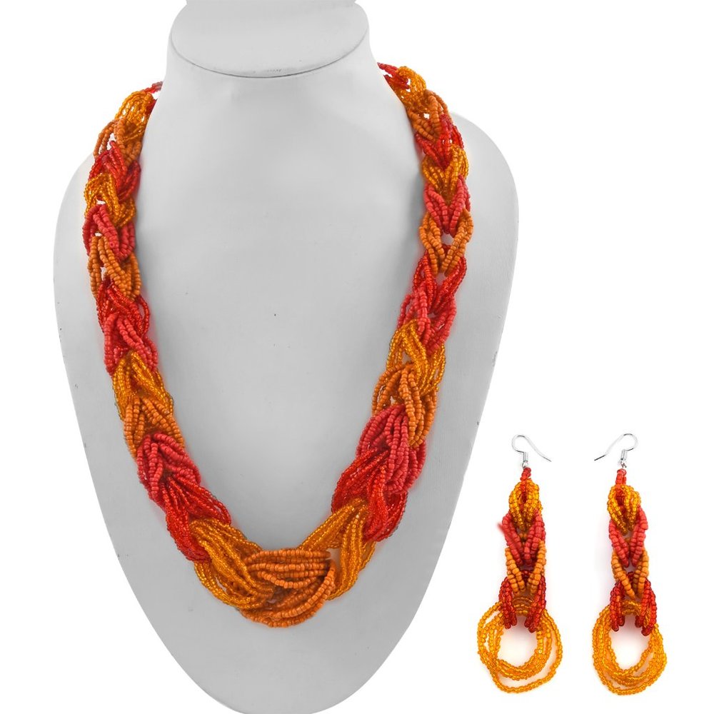 NEW Red Orange Seed Bead Necklace Earring Set